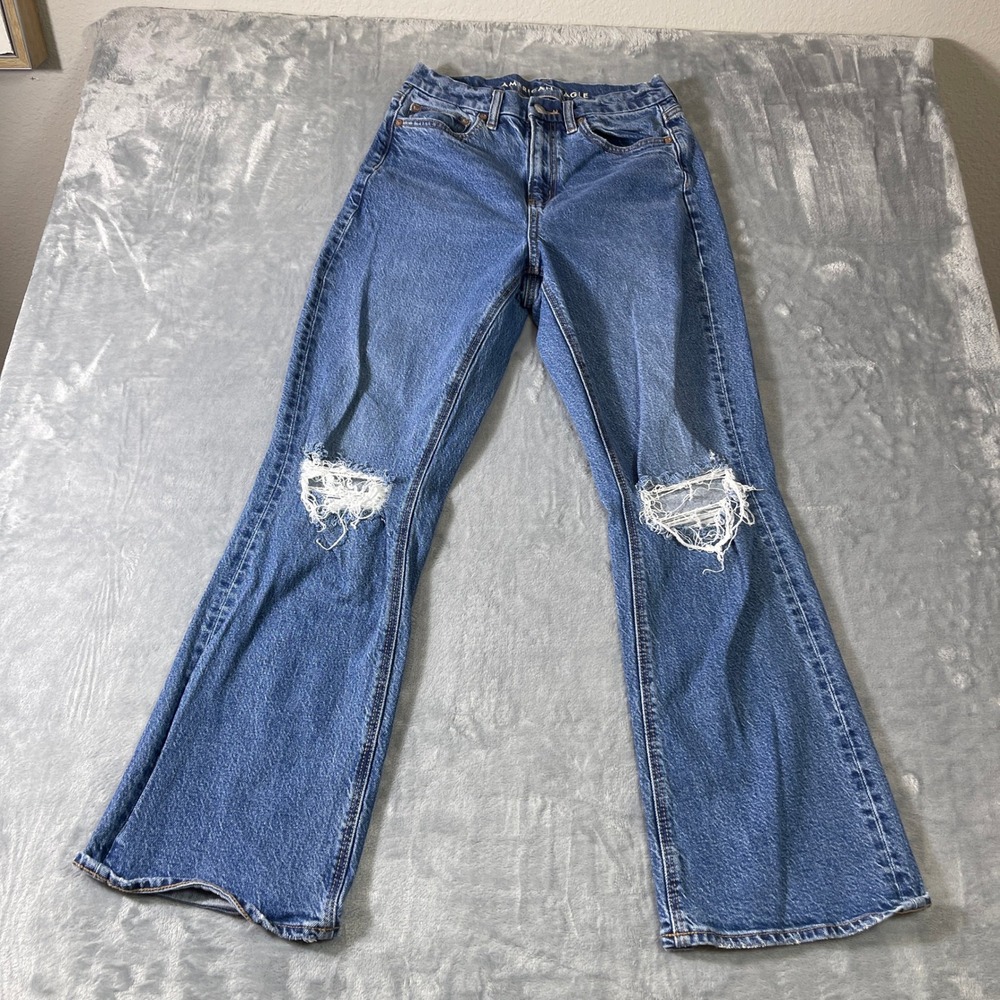 American Eagle Jeans Womens 4 Short Curvy 90s Bootcut‎ Distressed Medium Wash